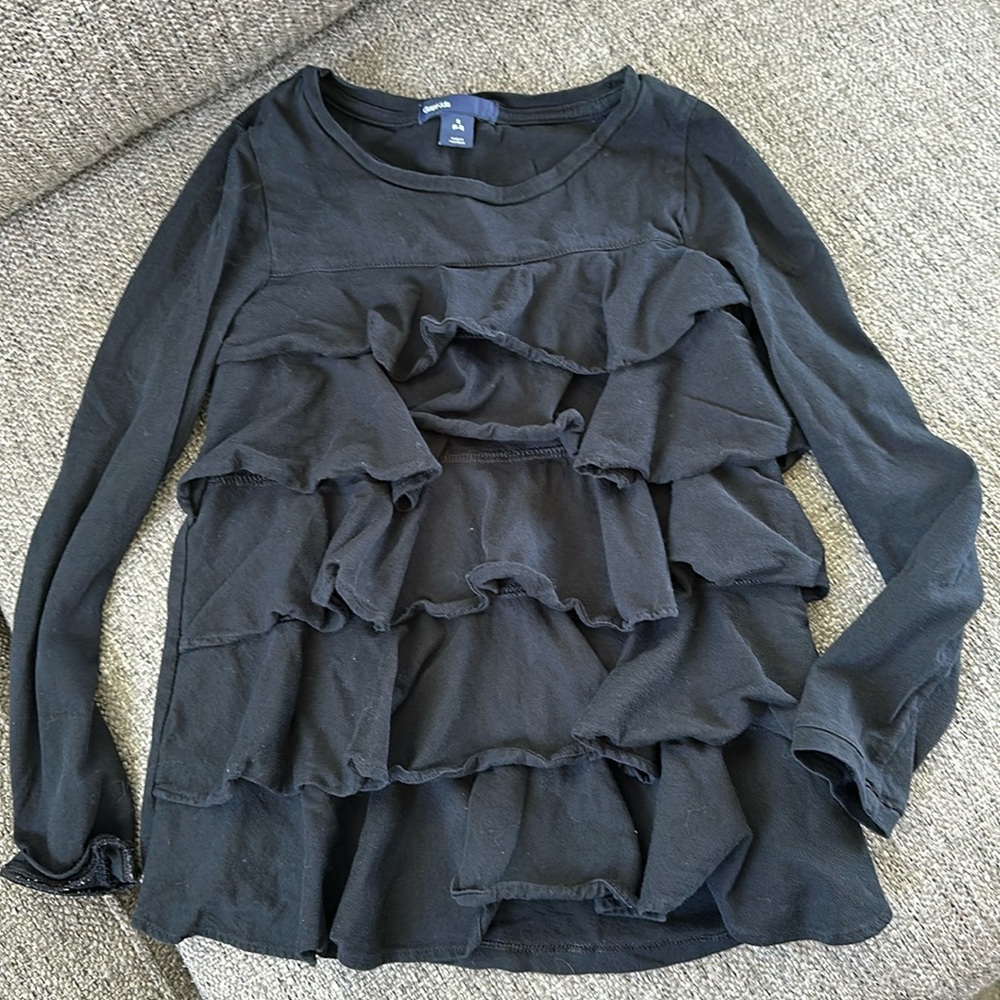 Gap Kids Girls Tiered Ruffle Front Long Sleeve Top Solid Black Size S 6/7